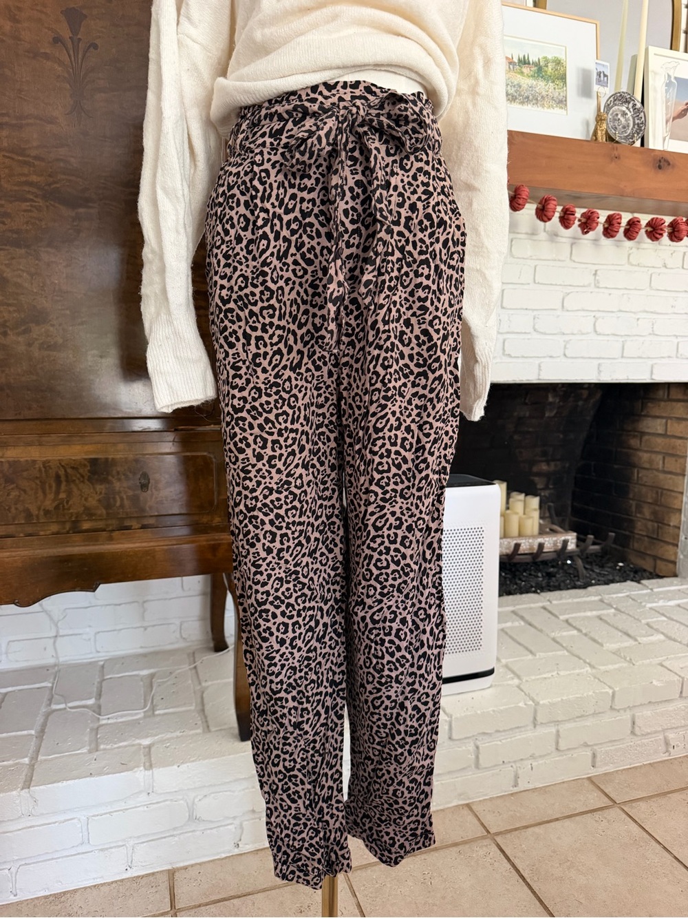 American Eagle Outfitters Brown Leopard Print Paperbag Waist Straight Leg Pants